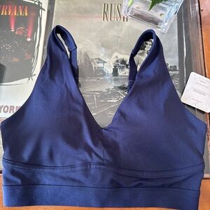 Fabletics Navy Sports Bra with V-Neck and Wrap Detail